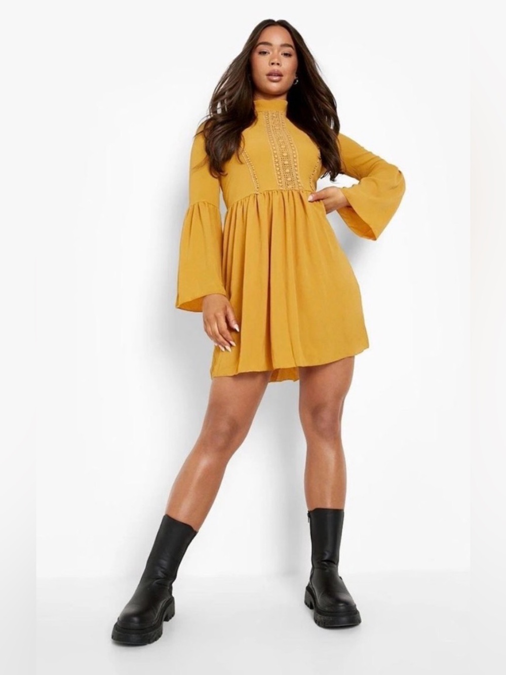 BOOHOO Crochet Detail Wide Sleeve Dress